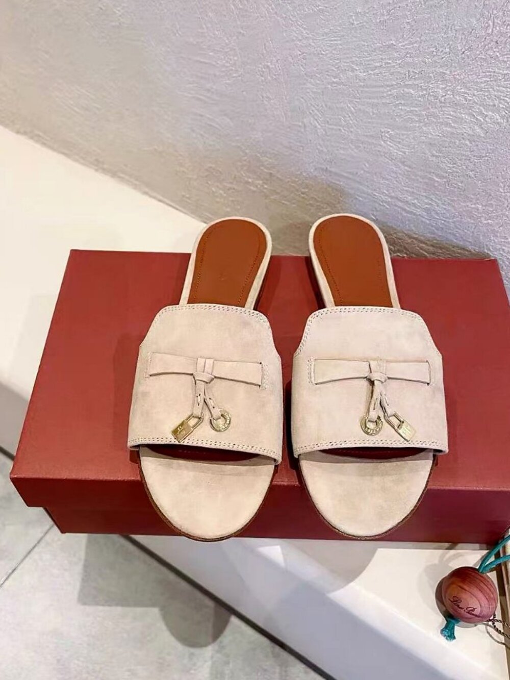 Loro Piana Beige Suede Bow Charm Slide Sandals - Picture 2 of 6